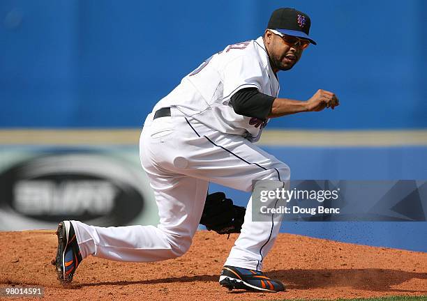 Closer Francisco Rodriguez of the New York Mets celebrates after ending the game with a strikeout against the Houston Astros at Tradition Field on...