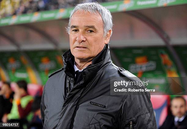 Claudio Ranieri coach of Roma looks on before the Serie A match between Bologna FC and AS Roma at Stadio Renato Dall'Ara on March 24, 2010 in...