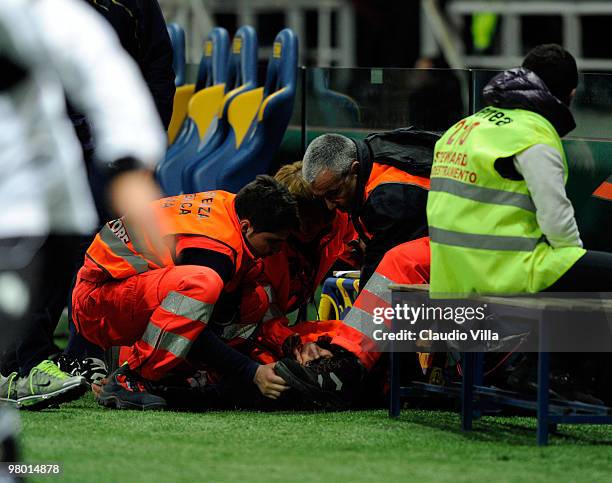 Croce Rossa volunteers are injured during the Serie A match between Parma FC and AC Milan at Stadio Ennio Tardini on March 24, 2010 in Parma, Italy.