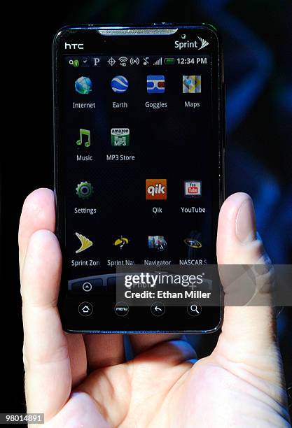 The new Sprint HTC Evo 4G smartphone is displayed at the International CTIA Wireless 2010 convention at the Las Vegas Convention Center March 24,...