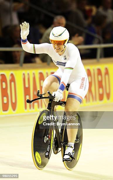 Anna Meares of Australia waves to the crowd after winning the Women's 500m Time Trial on Day One of the UCI Track Cycling World Championships at the...
