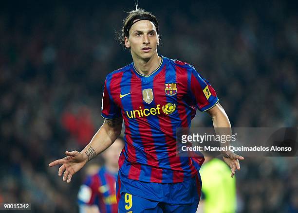 Zlatan Ibrahimovic of FC Barcelona celebrates after scoring during the La Liga match between Barcelona and Osasuna at the Camp Nou Stadium on March...
