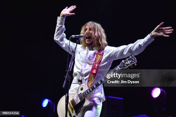 Justin Hawkins of The Darkness performs live on stage at Wembley Arena on June 20, 2018 in London, England.