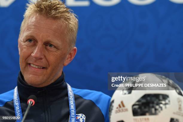 Iceland's coach Heimir Hallgrimsson attends a press conference at Volgograd Arena in Volgograd on June 21 on the eve of their Russia 2018 World Cup...