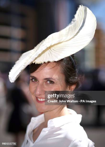 Ana Acero from Spain wearing a Milliner Conchita hat during day three of Royal Ascot at Ascot Racecourse.