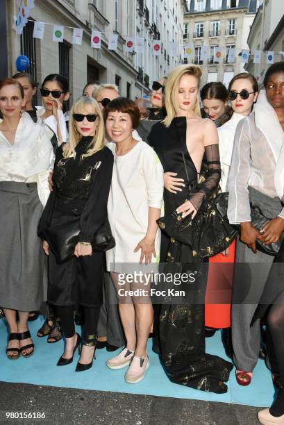 Julie Jardon, Patricia Charpentier, Ken Okada Manon Castelli and models walk the runway during the Ken Okada Street Show as part of Saint Germin des...