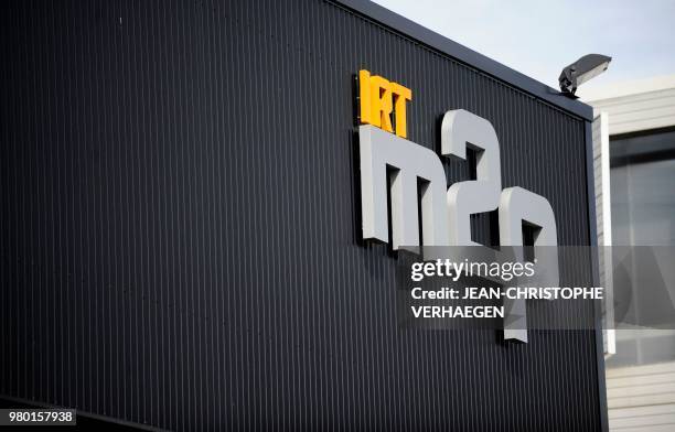 This photo taken on June 21, 2018 shows the logo of the "Institut de Recherche Technologique M2P" in Metz, eastern France. - French Prime Minister...