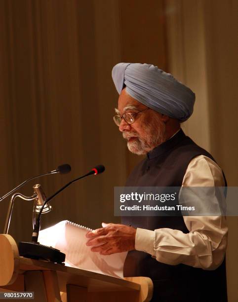 Prime Minister Manmohan Singh at an International Conference on ''Towards A world Free of Nuclear Weapons'' on June 9, 2008 in New Delhi, India.