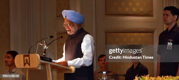 Prime Minister Manmohan Singh at an International Conference on ''Towards A world Free of Nuclear Weapons'' on June 9, 2008 in New Delhi, India.