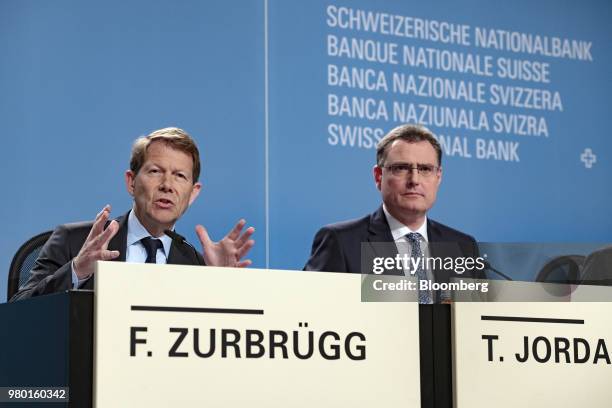Fritz Zurbruegg, vice president of the Swiss National Bank , left, gestures as he speaks alongside Thomas Jordan, president of the Swiss National...