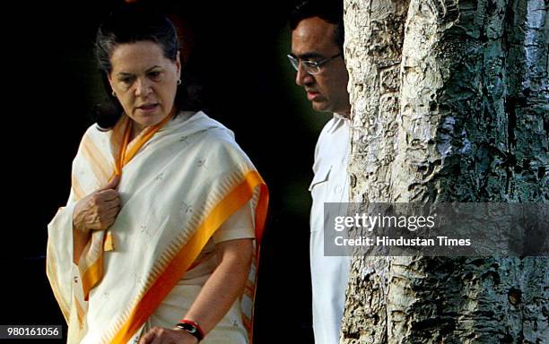 Congress President Sonia Gandhi with Union Minister Ajay Maken during a memorial ceremony to mark the 44th death anniversary of Pandit Jawaharlal...