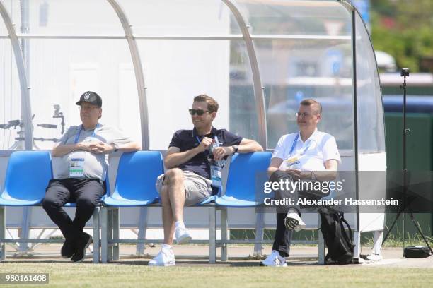 Rainer Koch, DFB Vice-President, General Secretary Friedrich Curtius and DFB President Reinhard Grindel attends the Germany Training & Press...