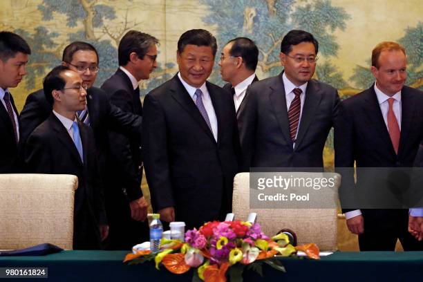 Chinese President Xi Jinping with members of Global chief executive committee as they arrive for the round table summit at the Diaoyutai State...