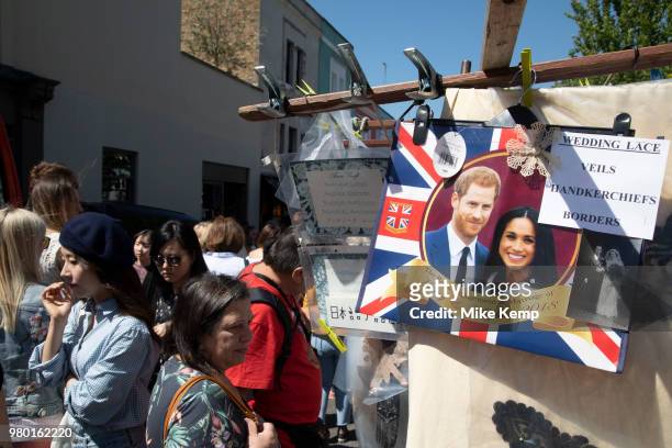 Souvenir bags for sale of Harry and Meghan in London, England, United Kingdom. These royal gifts selling on a stall were prior to the royal wedding...