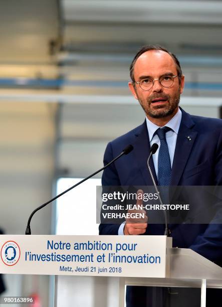 French Prime Minister Edouard Philippe delivers a speech during his visit to the 'Institut de Recherche Technologique M2P' in Metz, eastern France,...