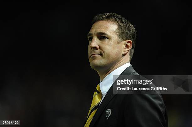 Malky Mackay of Watford looks on during the Coca-Cola Championship match between Sheffield Wednesday and Watford at Hillsborough on March 24, 2010 in...