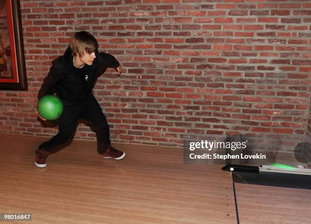 Singer Justin Bieber attends 92.3 NOW's "Bowling with Bieber" record release party at Lucky Strike Lanes & Lounge on March 23, 2010 in New York City.