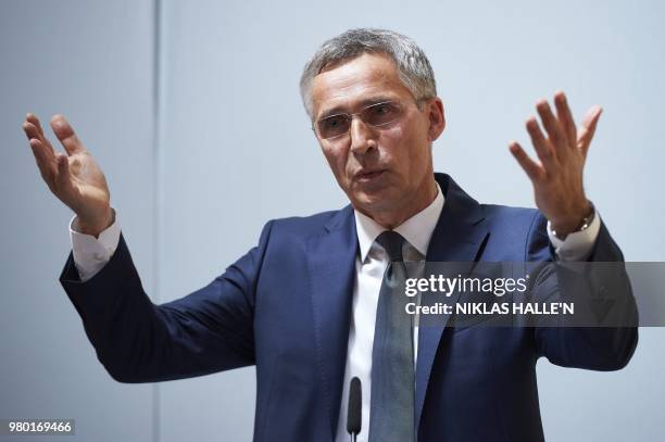 General Secretary Jens Stoltenberg delivers his pre-Summit address at Lancaster House in London on June 21, 2018.