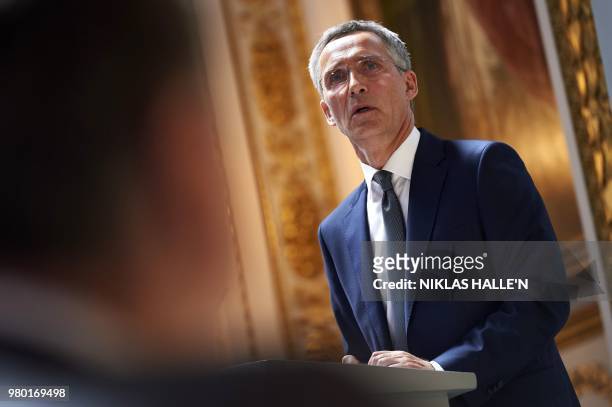 General Secretary Jens Stoltenberg delivers his pre-Summit address at Lancaster House in London on June 21, 2018.