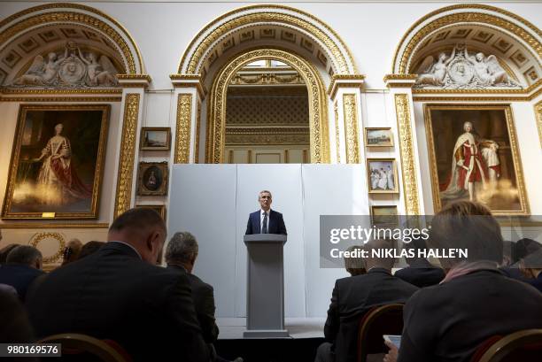 General Secretary Jens Stoltenberg delivers his pre-Summit address at Lancaster House in London on June 21, 2018.