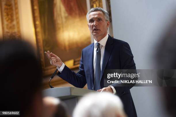 General Secretary Jens Stoltenberg delivers his pre-Summit address at Lancaster House in London on June 21, 2018.