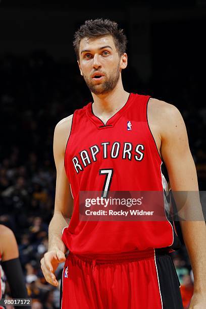 Andrea Bargnani of the Toronto Raptors looks on during the game against the Golden State Warriors at Oracle Arena on March 13, 2010 in Oakland,...