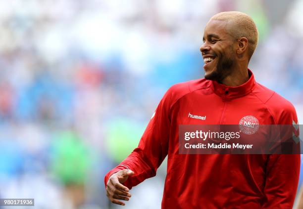 Mathias Jorgensen of Denmark looks on during the warm up prior to the 2018 FIFA World Cup Russia group C match between Denmark and Australia at...