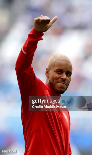Mathias Jorgensen of Denmark shows appreciation to the fans prior to the 2018 FIFA World Cup Russia group C match between Denmark and Australia at...