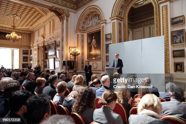 The General Secretary Of NATO Jens Stoltenberg delivers his pre-summit speech at Lancaster House on June 21, 2018 in London, England. Mr Stoltenberg...