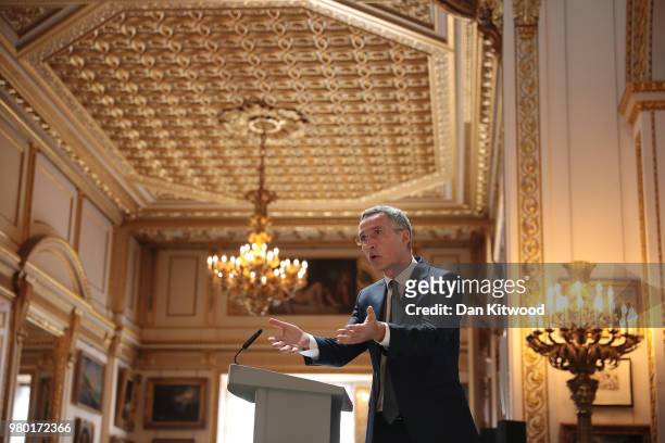 The General Secretary Of NATO Jens Stoltenberg delivers his pre-summit speech at Lancaster House on June 21, 2018 in London, England. Mr Stoltenberg...