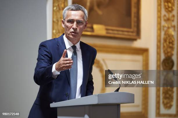 General Secretary Jens Stoltenberg delivers his pre-Summit address at Lancaster House in London on June 21, 2018.