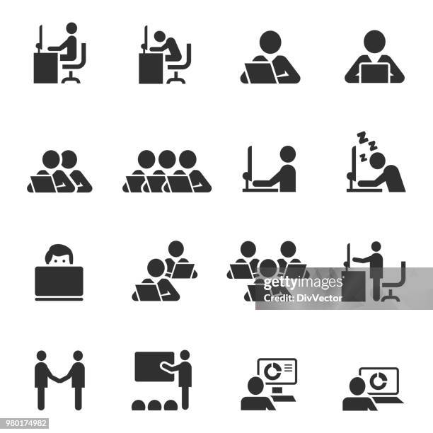 computer workers icon set - computer icon solid stock illustrations