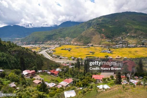 scenic view of paro valley in bhutan in asia. - monastère de taktsang photos et images de collection