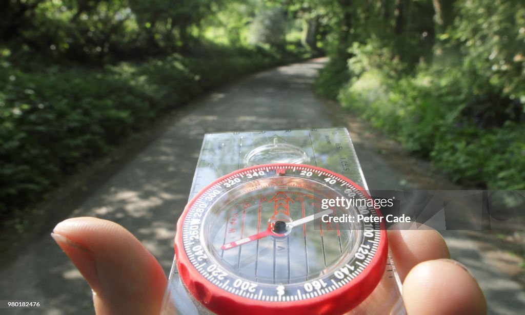 Compass being used on country lane