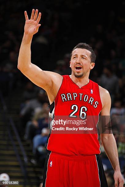 Hedo Turkoglu of the Toronto Raptors signals during the game against the Golden State Warriors at Oracle Arena on March 13, 2010 in Oakland,...