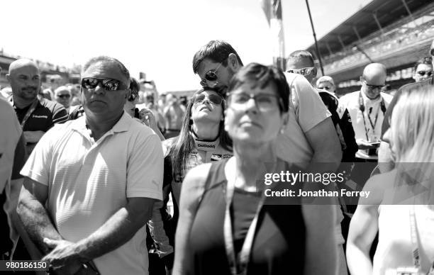 Danica Patrick is kissed by her boyfriend Aaron Rodgers before the start of the Indianapolis 500 race at the Indianapolis Motor Speedway on May 27,...