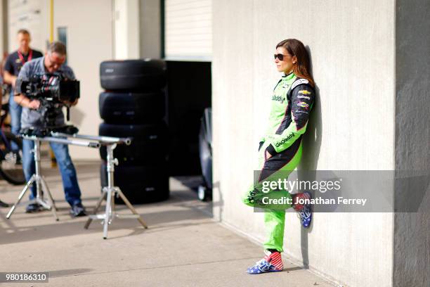 Danica Patrick does a video shoot prior to practice for the Indianapolis 500 race at the Indianapolis Motor Speedway on May 15, 2018 in Indianapolis,...