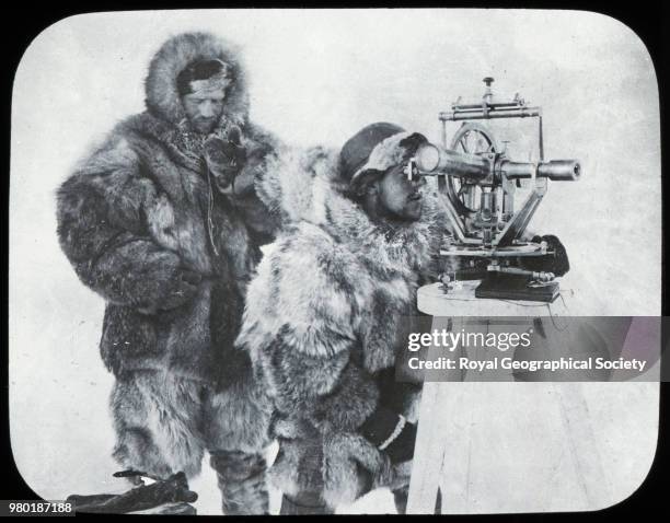 Chronometer observation with the theodolite, 1 of 55 glass lantern slides of the Arctic made from negatives taken during Dr. F. Nansen's Expedition...