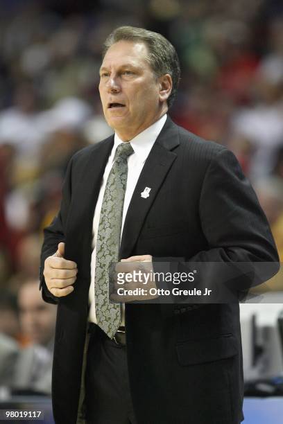 Head coach Tom Izzo of the Michigan State Spartans watches the action against the Maryland Terrapins during the second round of the 2010 NCAA men's...