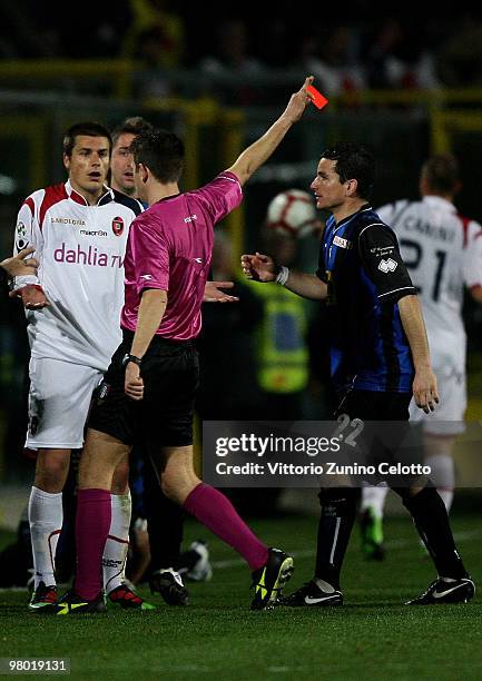 Daniele Dessena of Cagliari Calcio is ejected during the Serie A match between Atalanta BC and Cagliari Calcio at Stadio Atleti Azzurri d'Italia on...
