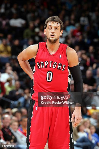 Marco Belinelli of the Toronto Raptors looks on during the game against the Golden State Warriors at Oracle Arena on March 13, 2010 in Oakland,...