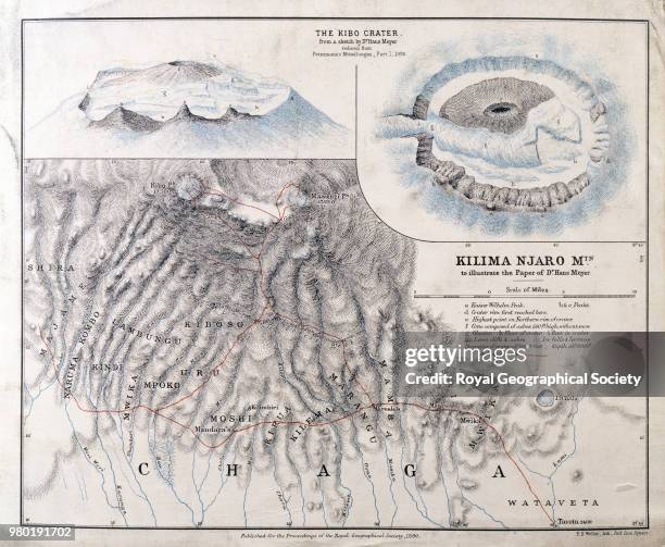 [Sketch map of] Kilima Njaro Mountain to illustrate the paper by Dr Hans Meyer, Scale 1:253, 440. Includes inset sketch of Kibo Crater, United...