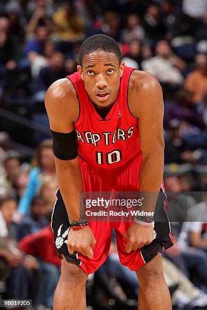 DeMar DeRozan of the Toronto Raptors catches his breath during the game against the Golden State Warriors at Oracle Arena on March 13, 2010 in...
