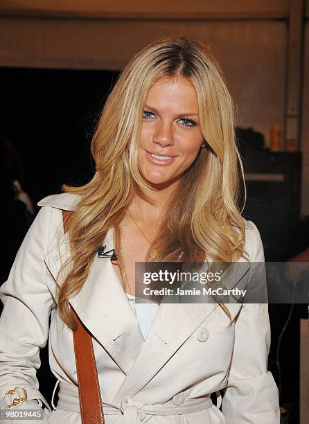 Model Brooklyn Decker poses backstage at the Charlotte Ronson Spring 2010 Fashion Show during Mercedes-Benz Fashion Week at Bryant Park on September...