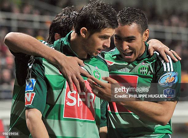 Saint-Etienne forward Kevin Mirallas is congratuled by his teammmates after scoring a goal during the French Cup quarter final football match Lens...