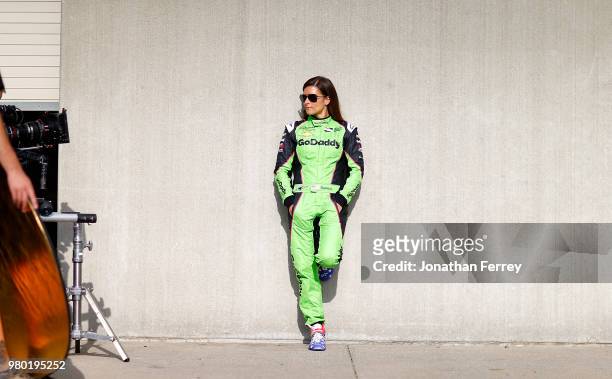 Danica Patrick does a video shoot prior to practice for the Indianapolis 500 race at the Indianapolis Motor Speedway on May 15, 2018 in Indianapolis,...