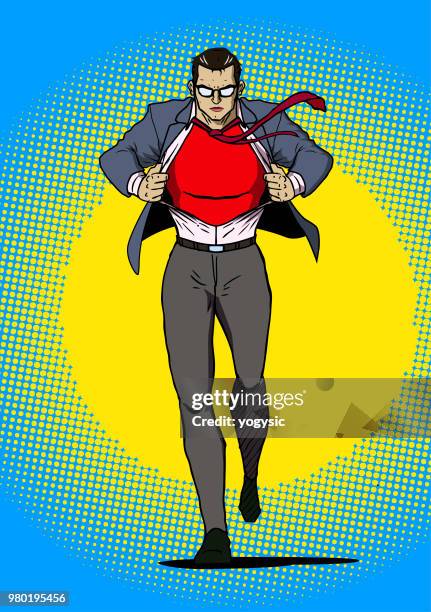 vector man transforms into superhero while walking illustration - superhero logo stock illustrations
