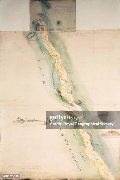 Map of River Zambezi below Tete, This hand-drawn map shows the route Dr. David Livingstone took down the Zambezi in the 'Ma Roberts', Mozambique,...