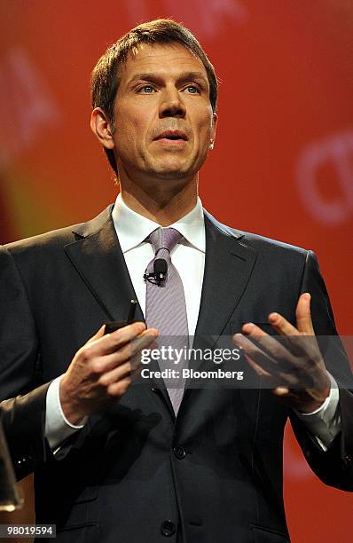 Rene Obermann, chief executive officer of Deutsche Telekom AG, speaks at the CTIA Wireless conference in Las Vegas, Nevada, U.S., on Wednesday, March...