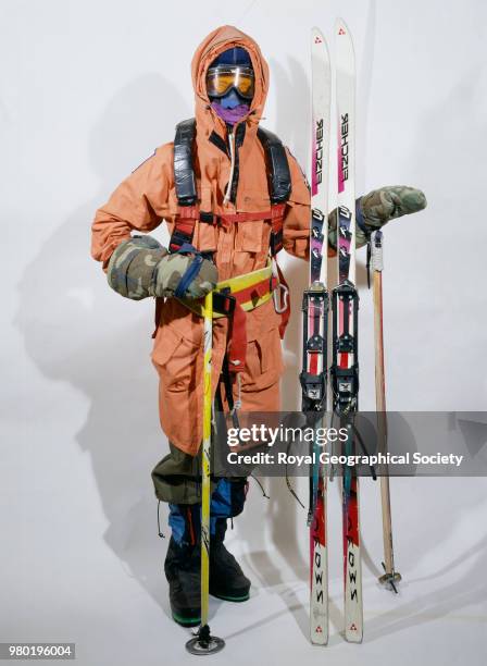 Complete set of clothing worn by Sir Ranulph Fiennes displayed on a Harrods mannequin, Ranulph Fiennes' clothes from the 'South Pole Unsupported...